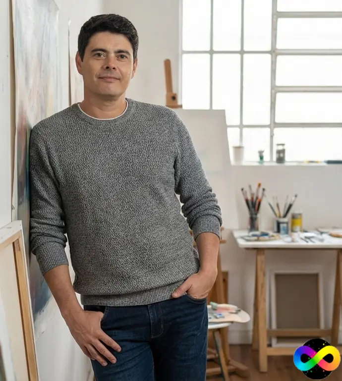 A imagem mostra uma Guilherme PUENTES em um estúdio de arte, encostada casualmente em uma parede com uma das mãos no bolso. Ela veste um suéter cinza e jeans escuros. Ao fundo, há um cavalete com uma tela em branco, uma mesa repleta de materiais artísticos como pincéis, potes e recipientes, além de um banco. A luz natural entra por uma grande janela, iluminando o ambiente criativo. No canto inferior direito, aparece um símbolo colorido de infinito, sugerindo uma ligação com criatividade ou uma marca visual.